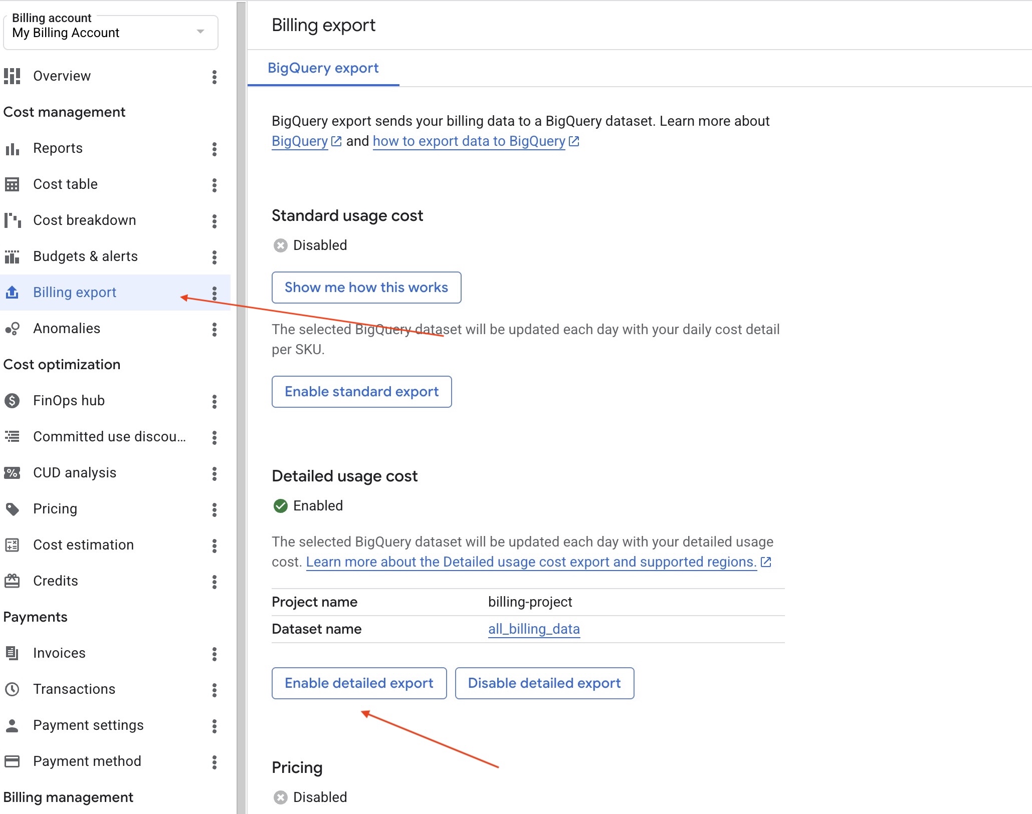 Google Cloud Billing export page with Enable detailed export button