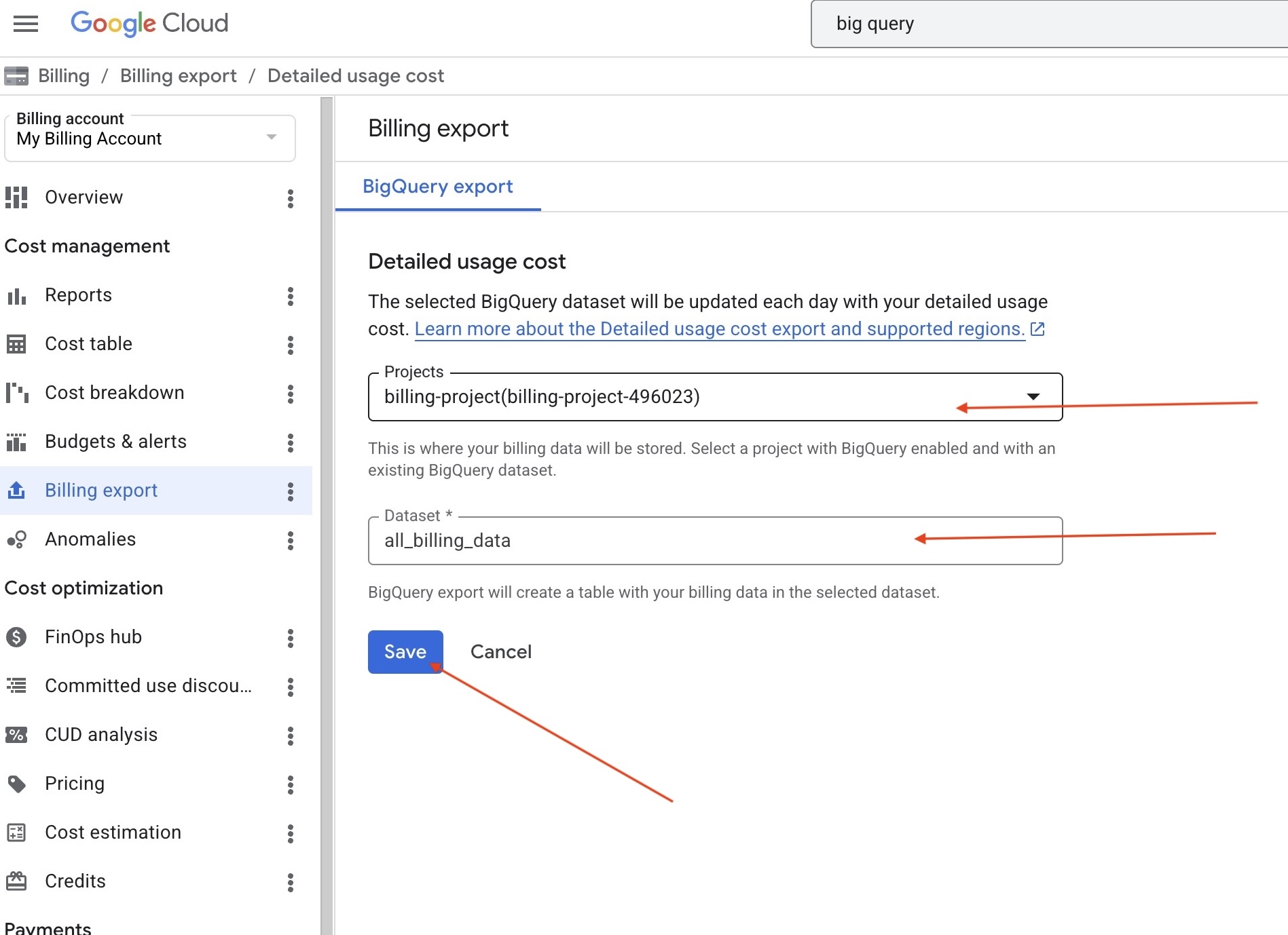 Google Cloud detailed billing export setup modal with project and dataset fields