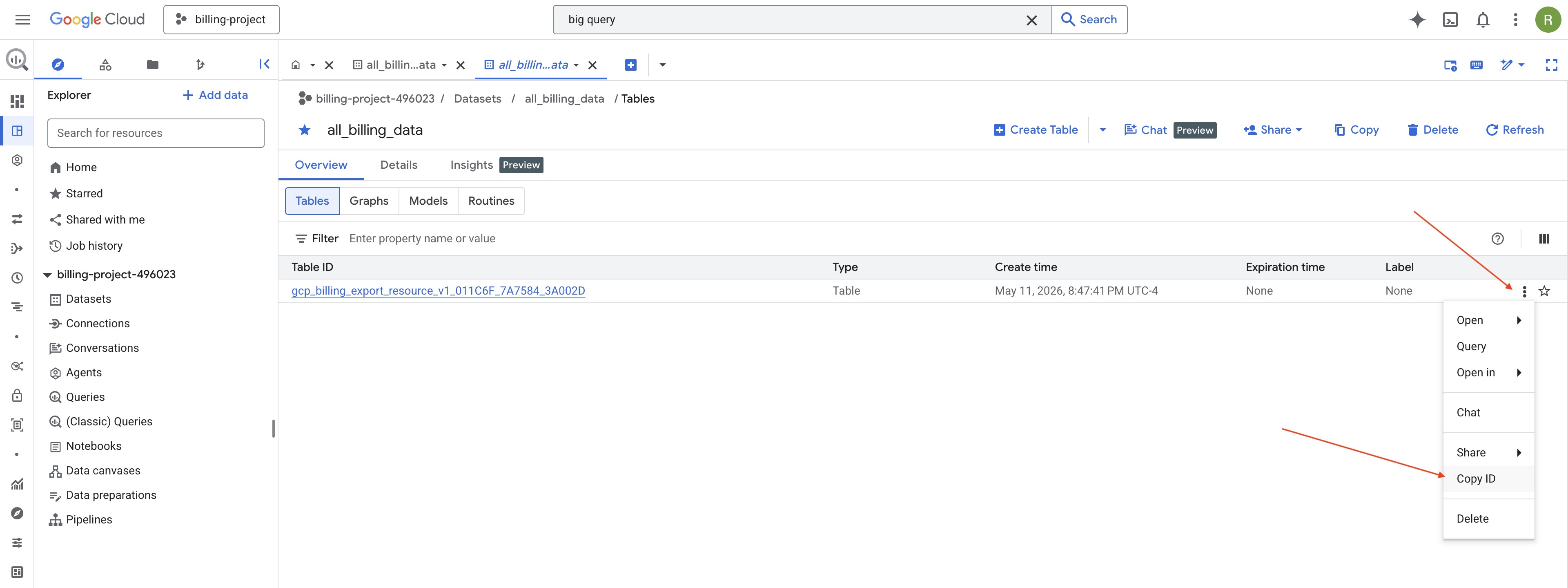 BigQuery console showing the billing export table ID