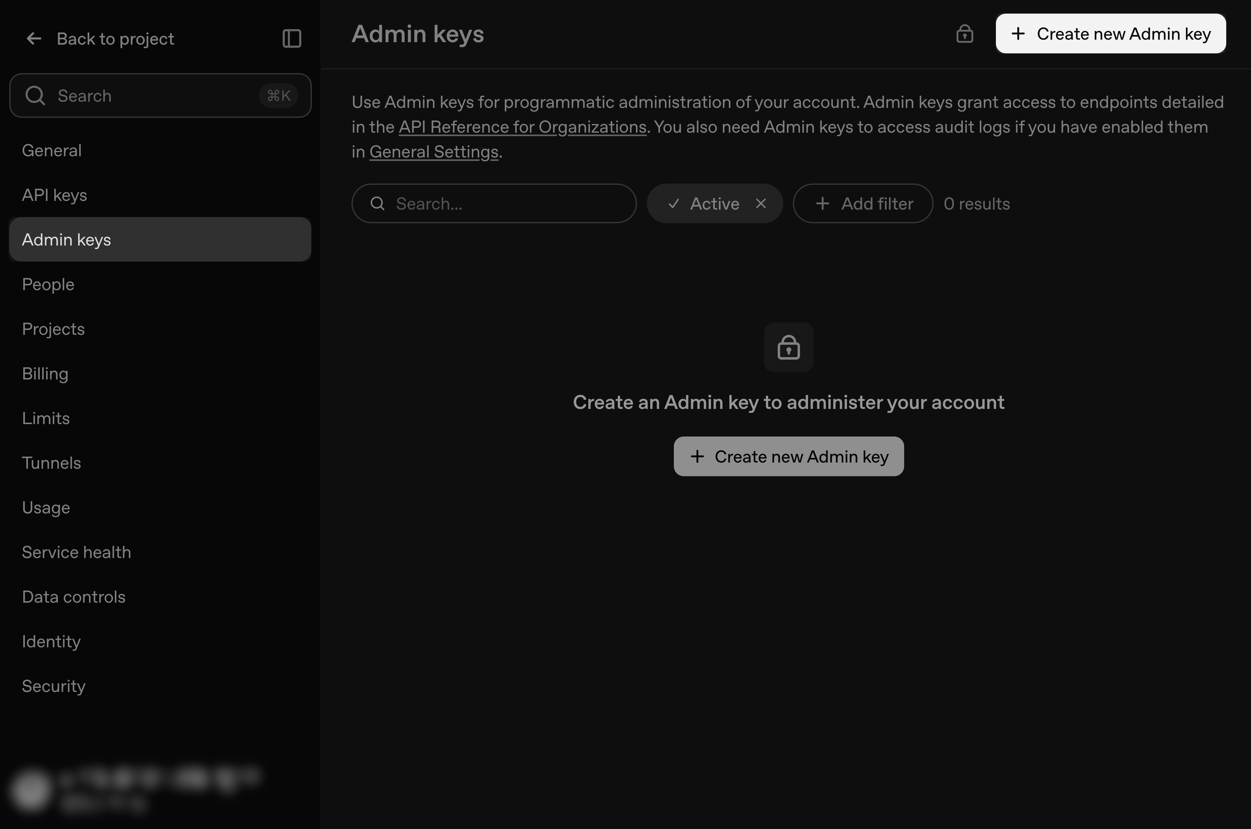 OpenAI Admin keys page confirming admin access