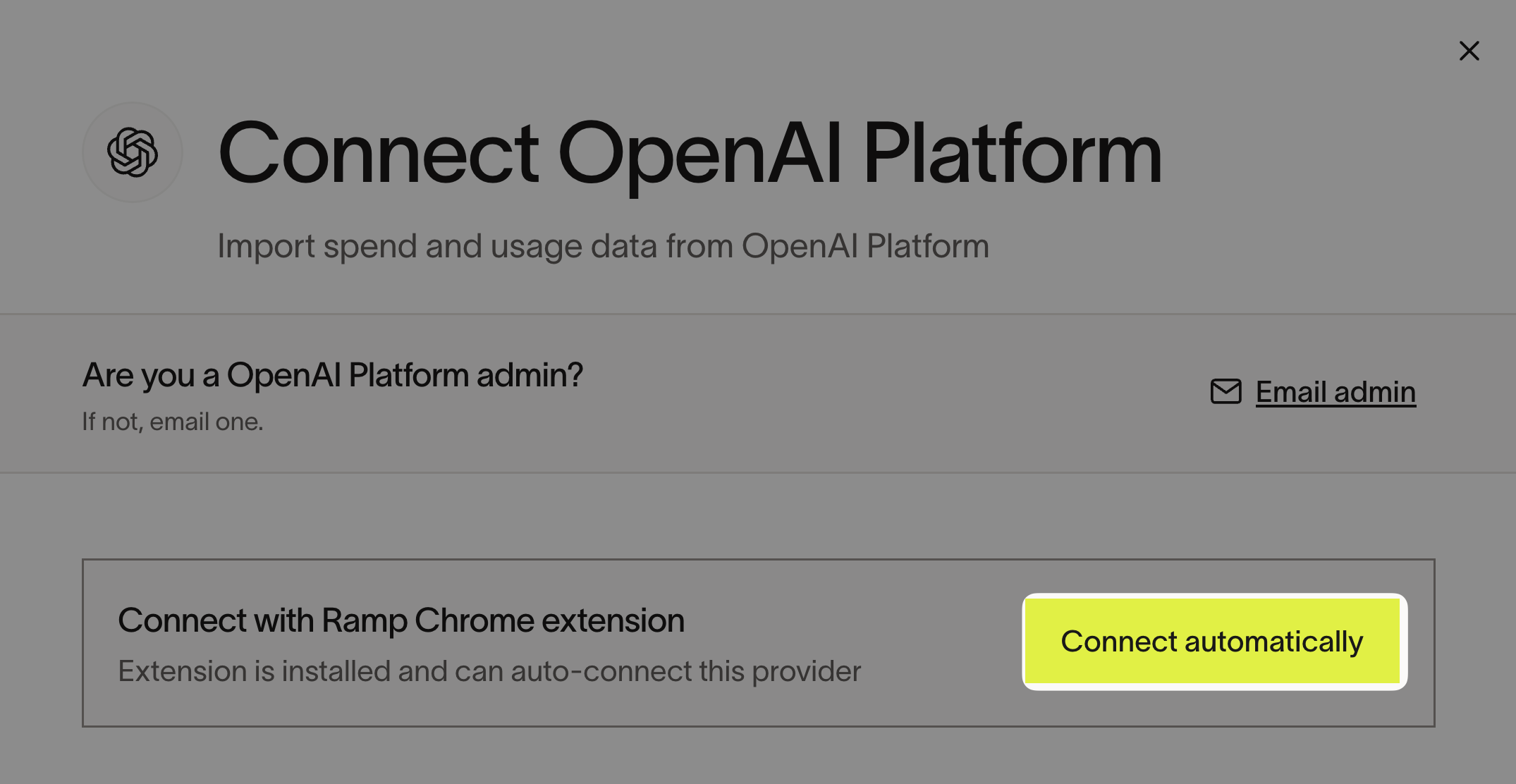 Ramp Connect OpenAI Platform page with the Connect automatically option