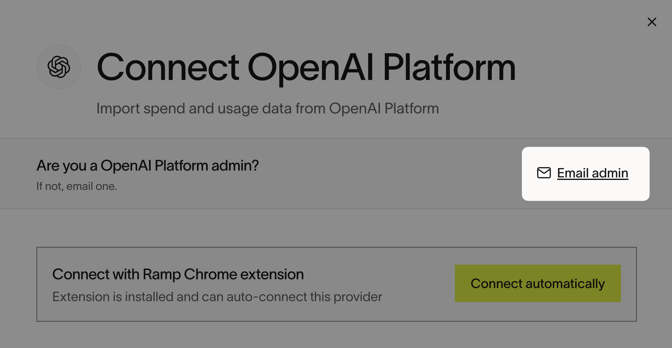 Ramp Connect OpenAI Platform page with the Email admin button