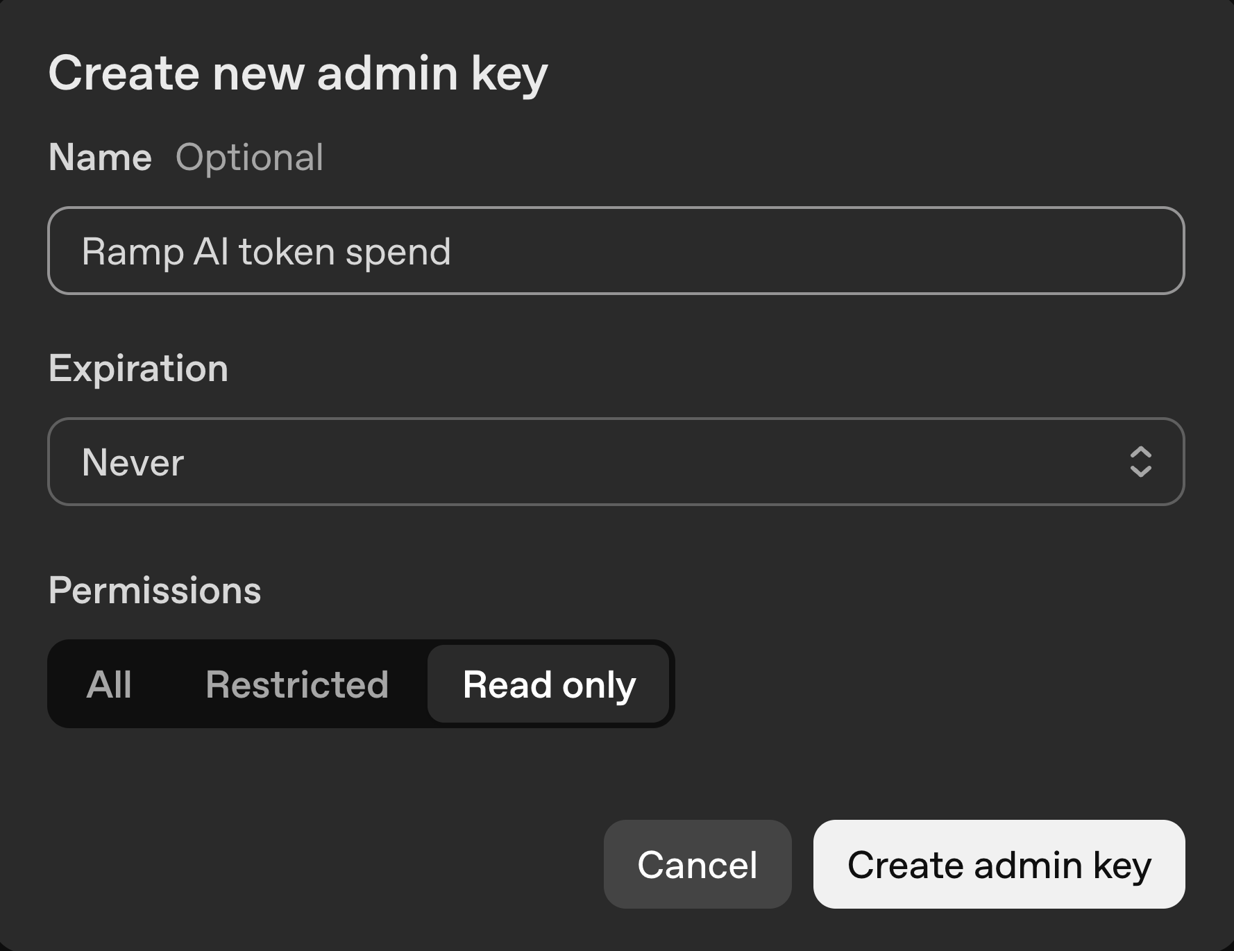 OpenAI dialog for naming an admin key and setting its expiration