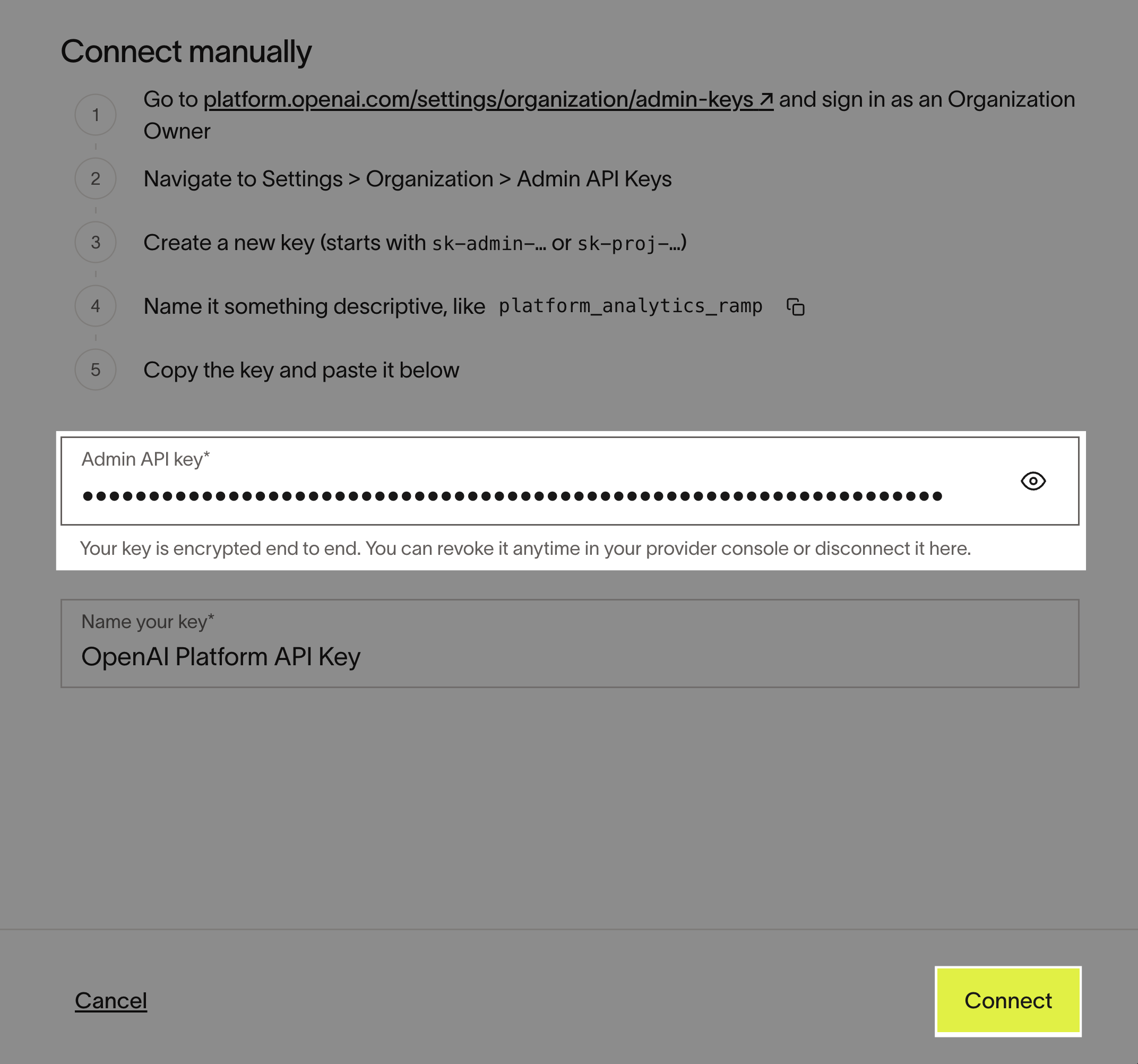 Ramp Connect OpenAI Platform page with a field to paste the Admin API key