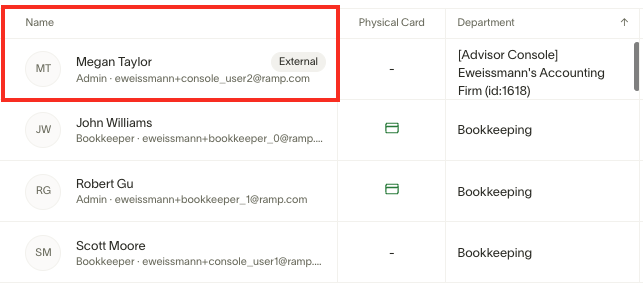 People table showing an external user with Advisor Console label and department assignment