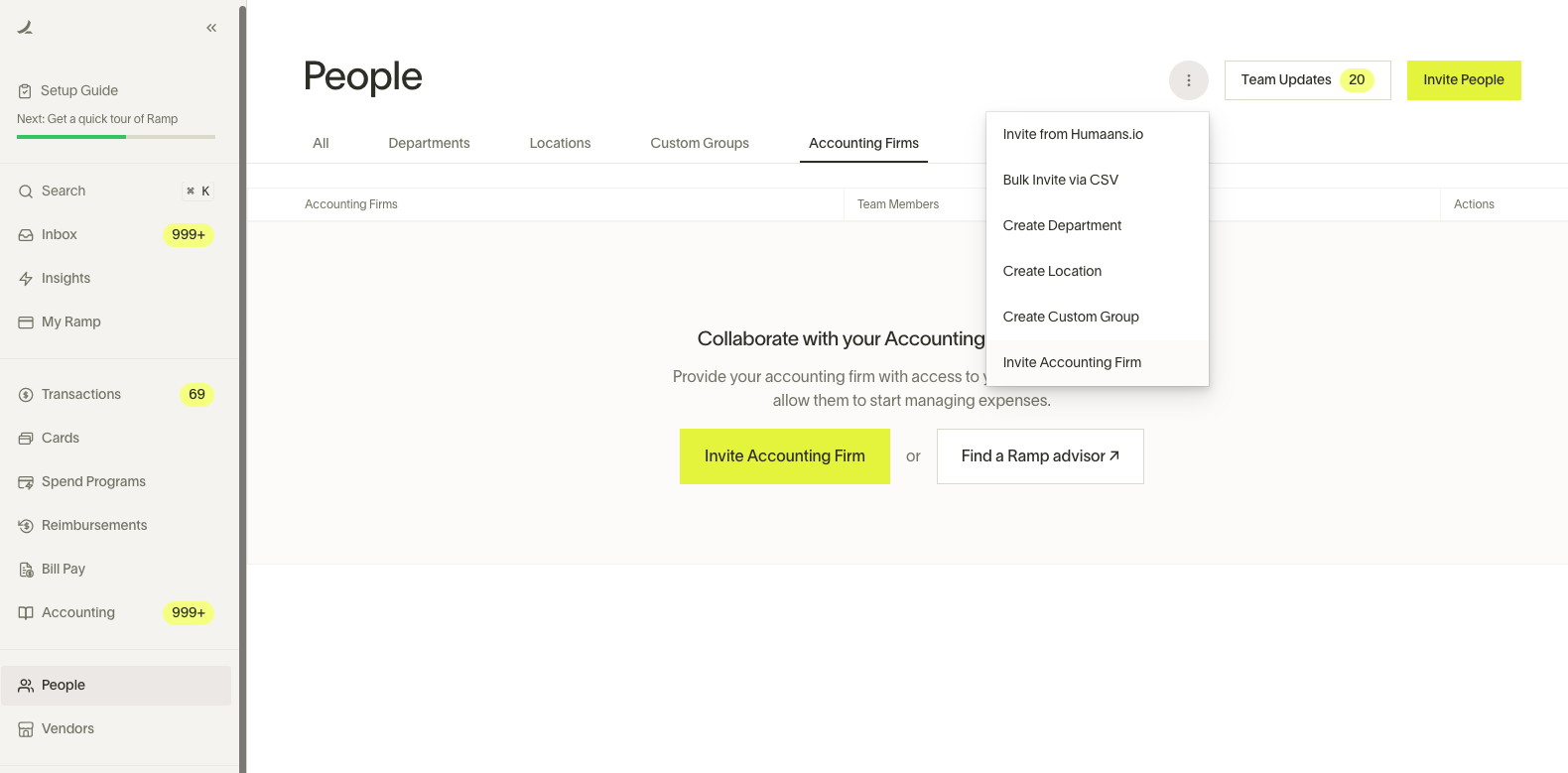People page with Accounting Firms tab selected and Invite Accounting Firm option in menu
