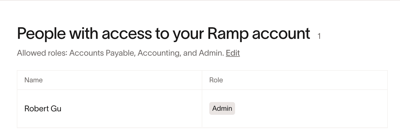 Accounting firm access drawer showing allowed roles: Accounts Payable, Accounting, and Admin, with Edit link