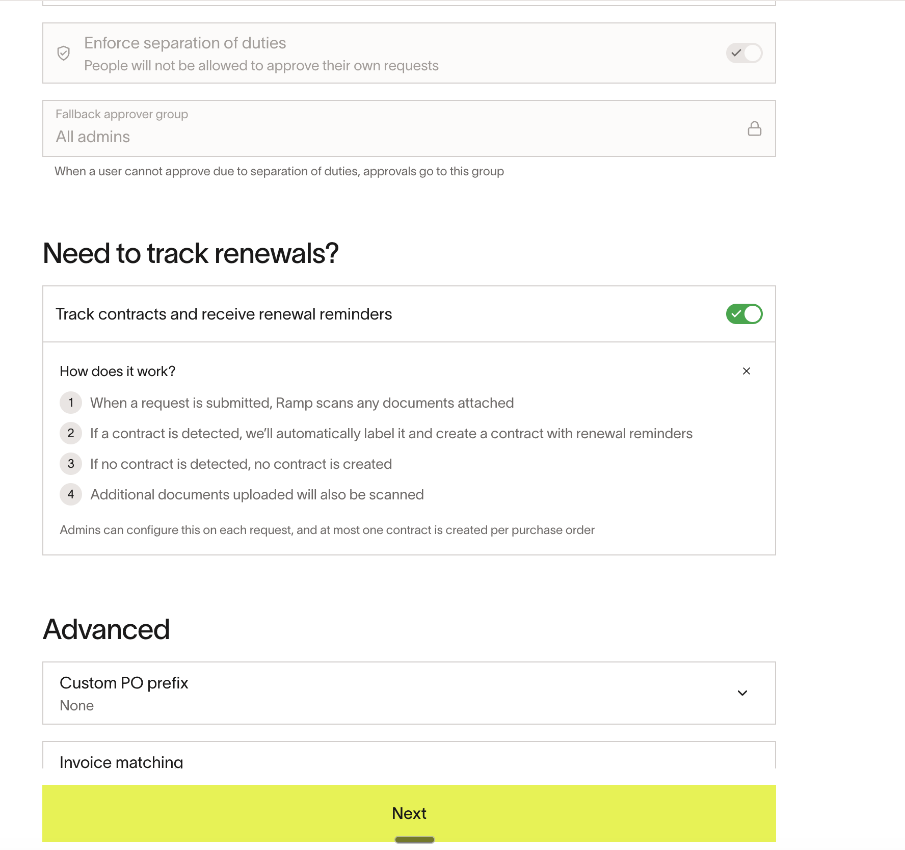 Spend Program settings with Track contracts and receive renewal reminders toggle enabled