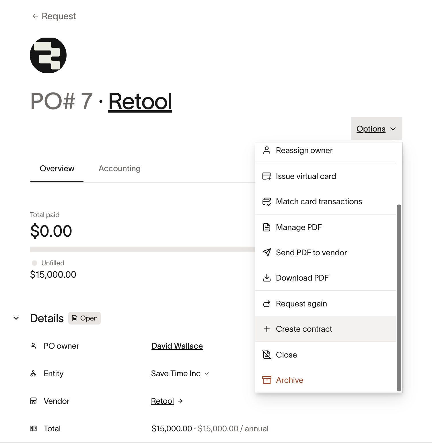 Purchase order Options menu with Create contract action highlighted