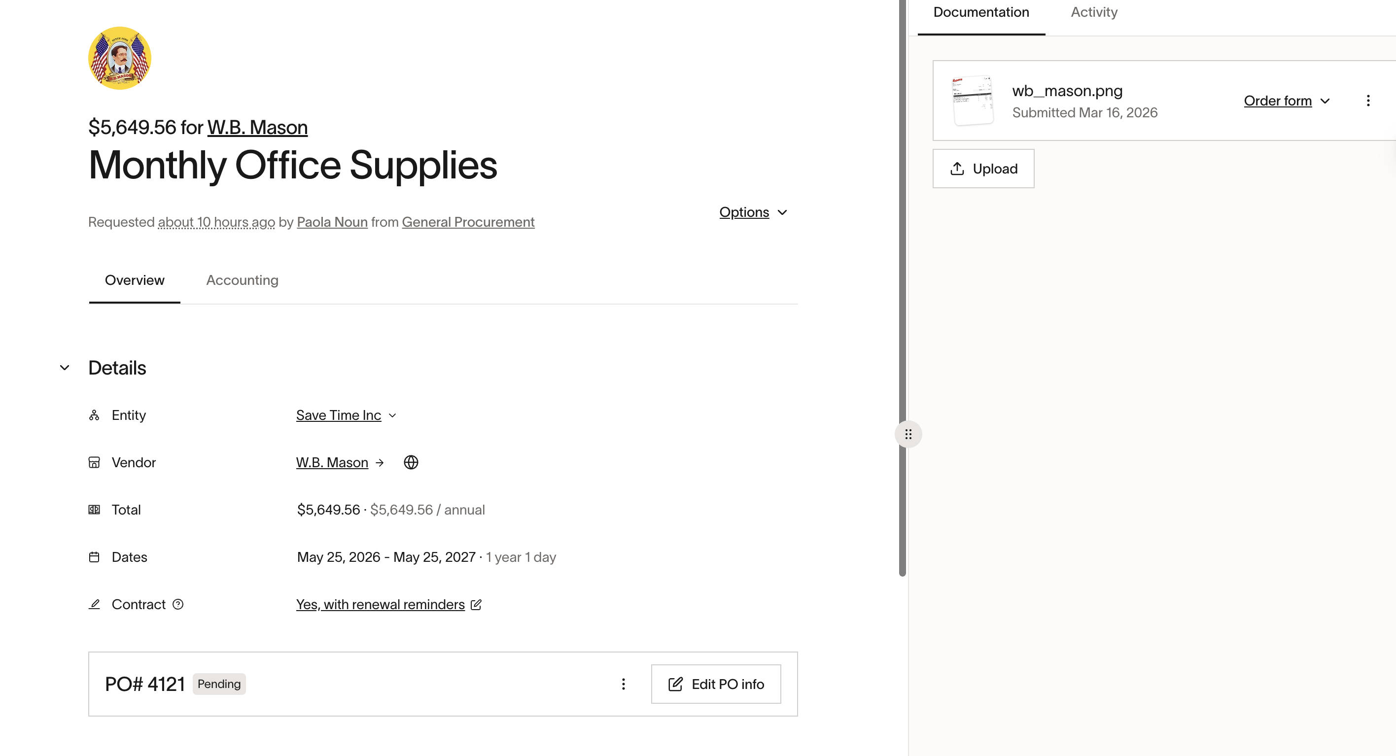 Spend request with contract detection showing order form document and contract creation toggle