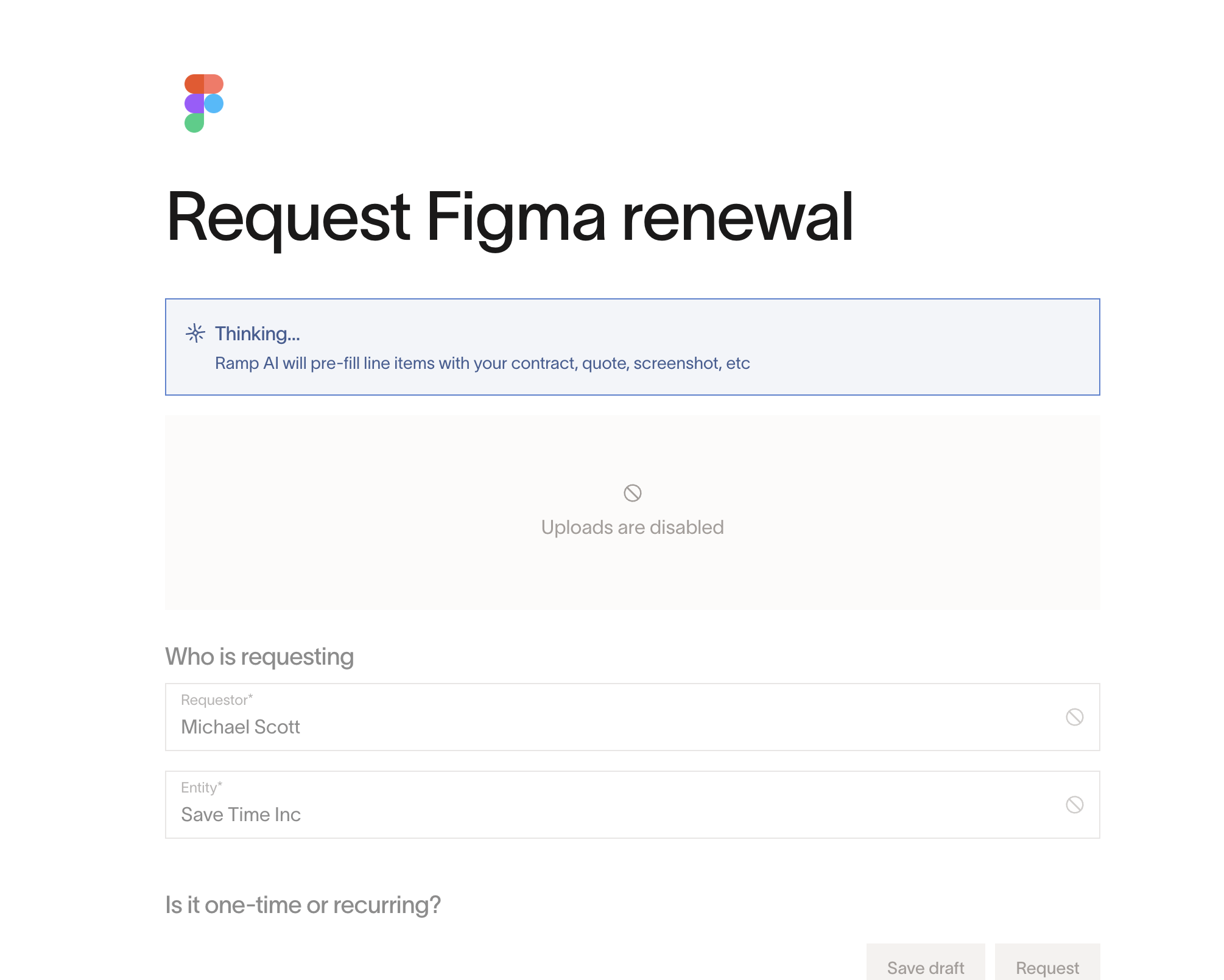 Renewal request form with AI pre-filling line items from the existing contract