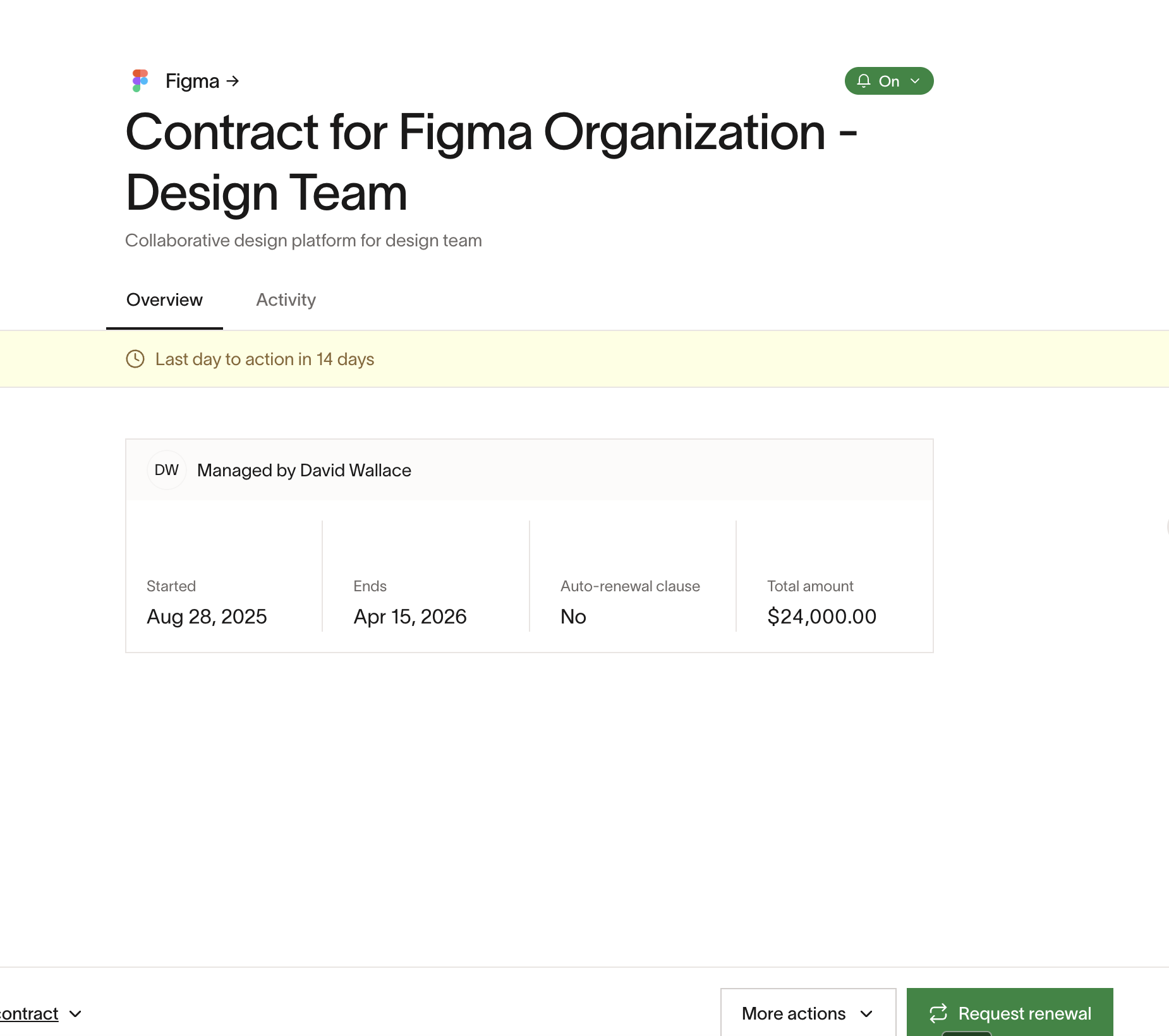 Contract detail page with Request renewal button and contract dates and amount