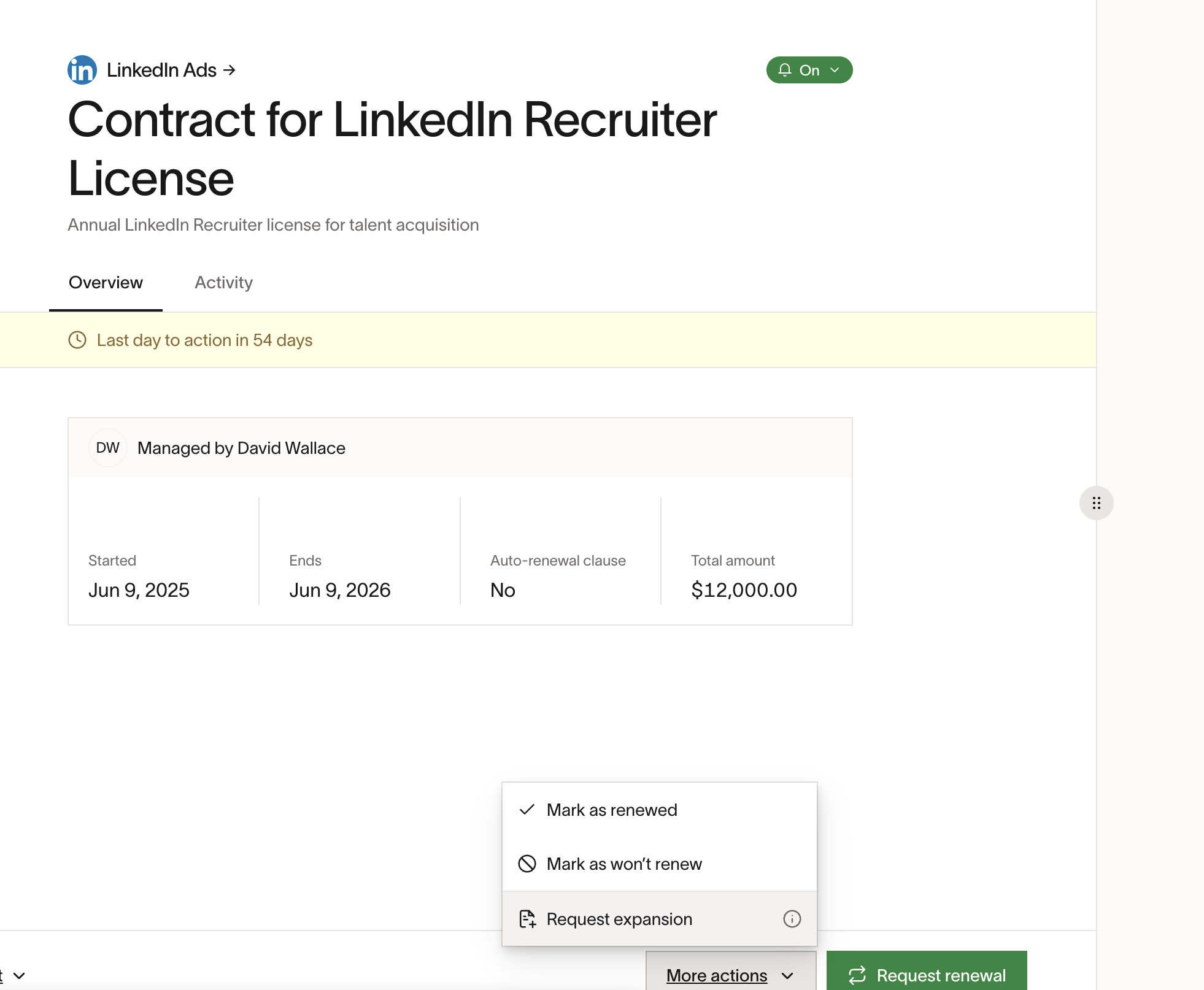 Contract detail page with More actions menu showing Request expansion option