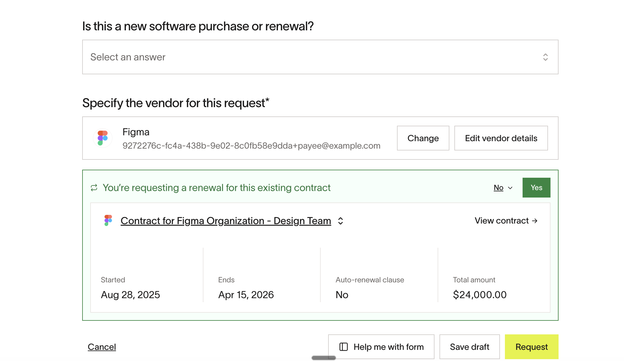 Redirection prompt linking a spend request to an existing contract for renewal