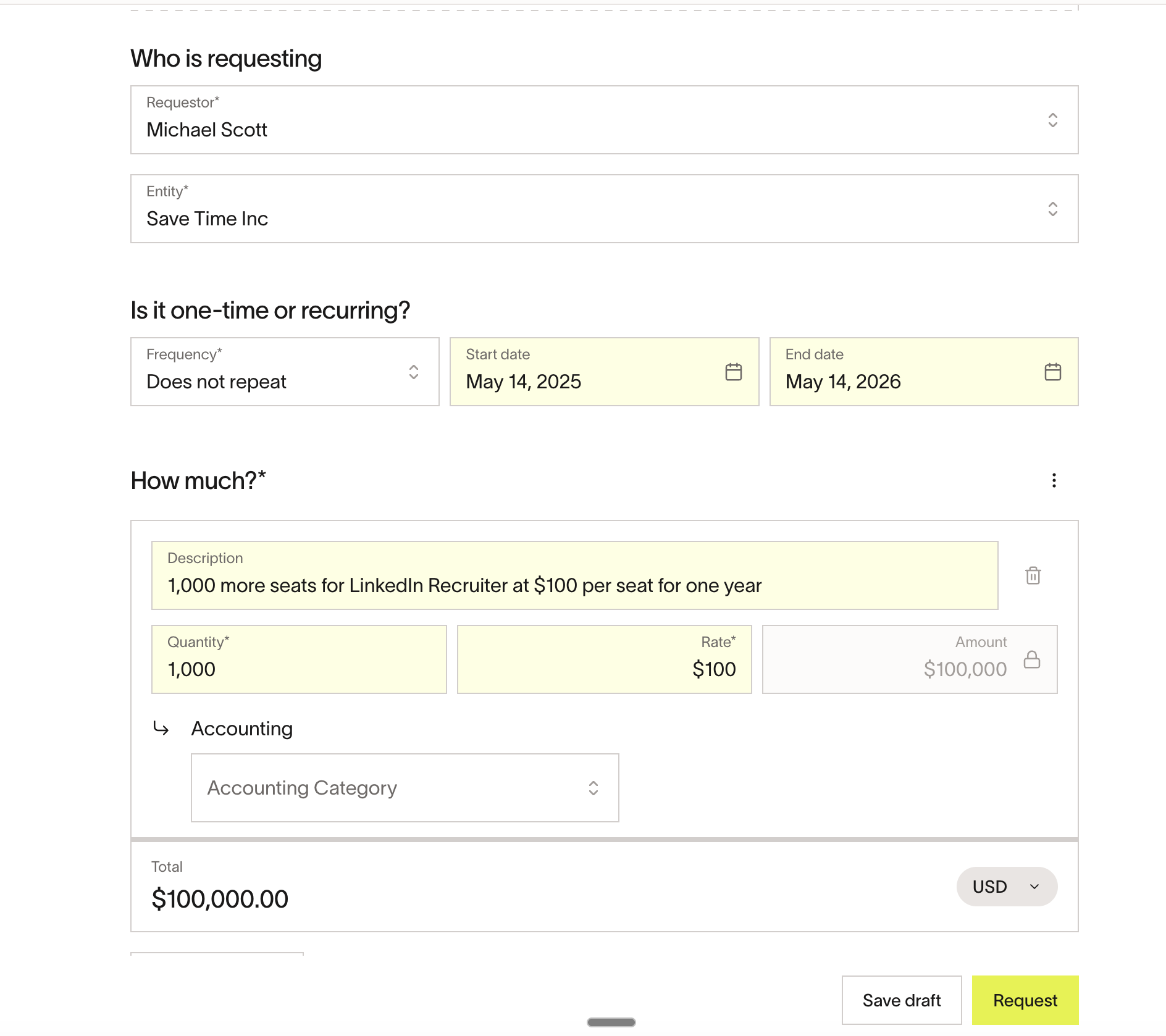 Expansion request details showing quantity, rate, amount, and accounting fields