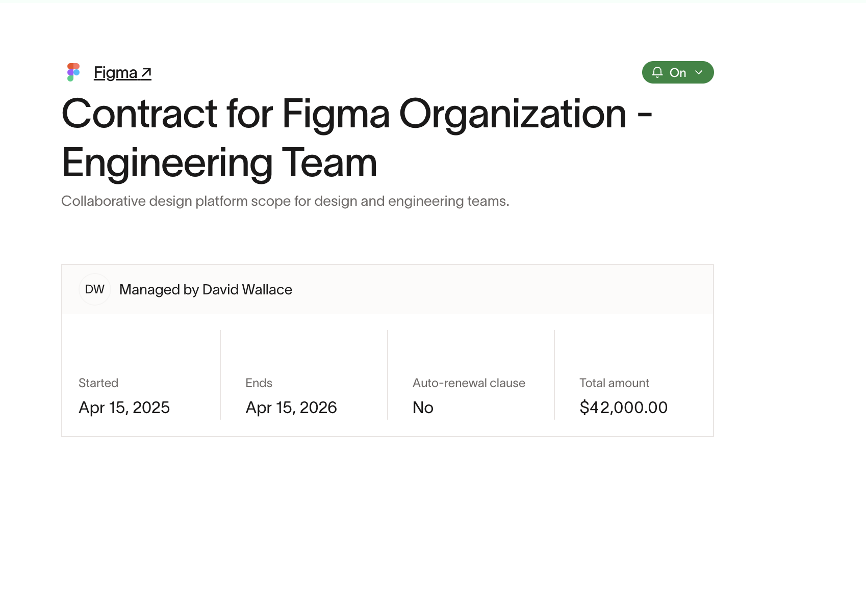 Merged contract detail showing combined dates, amount, and manager information