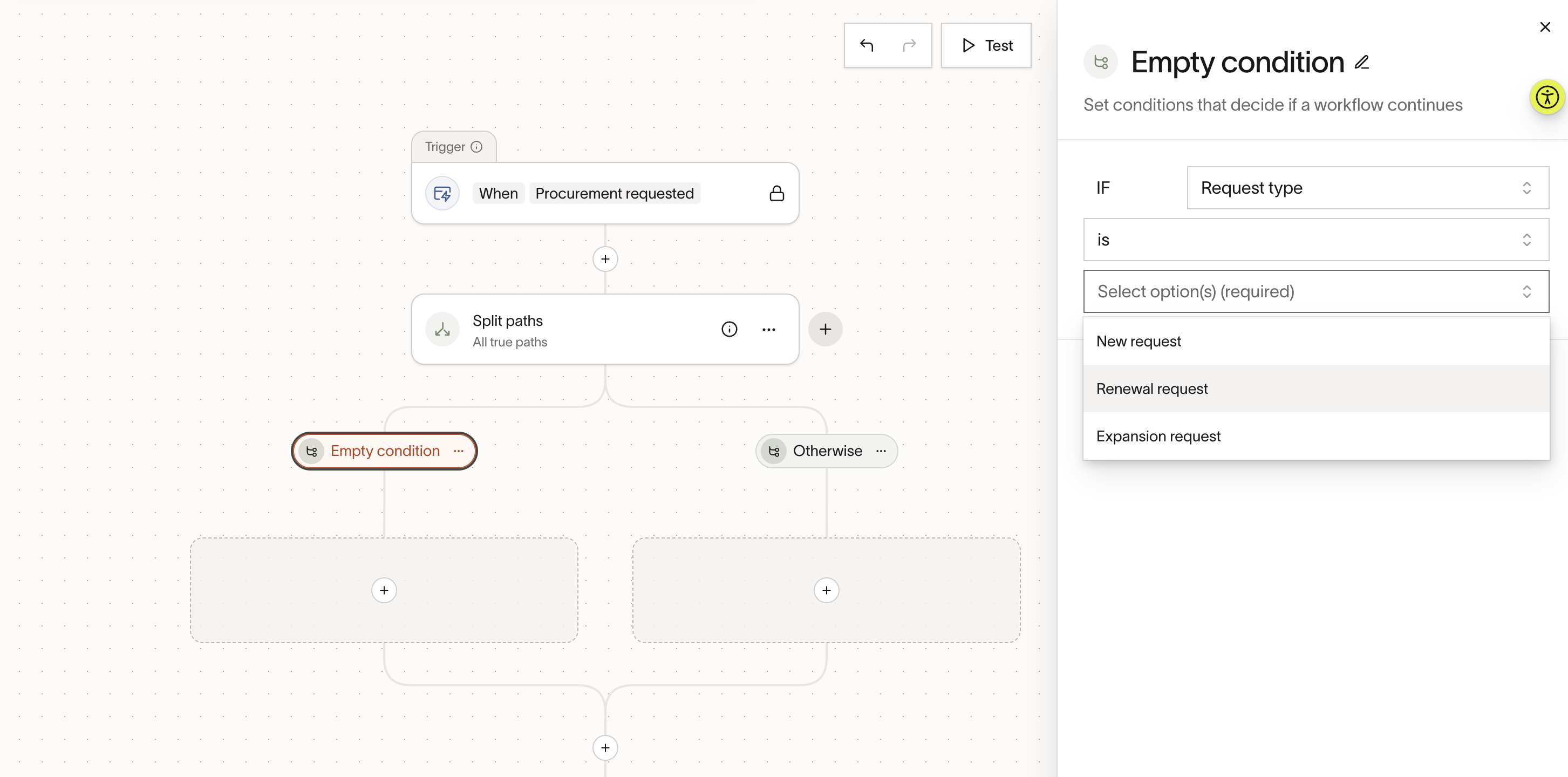 Approval workflow builder with Request type condition for new, renewal, and expansion paths