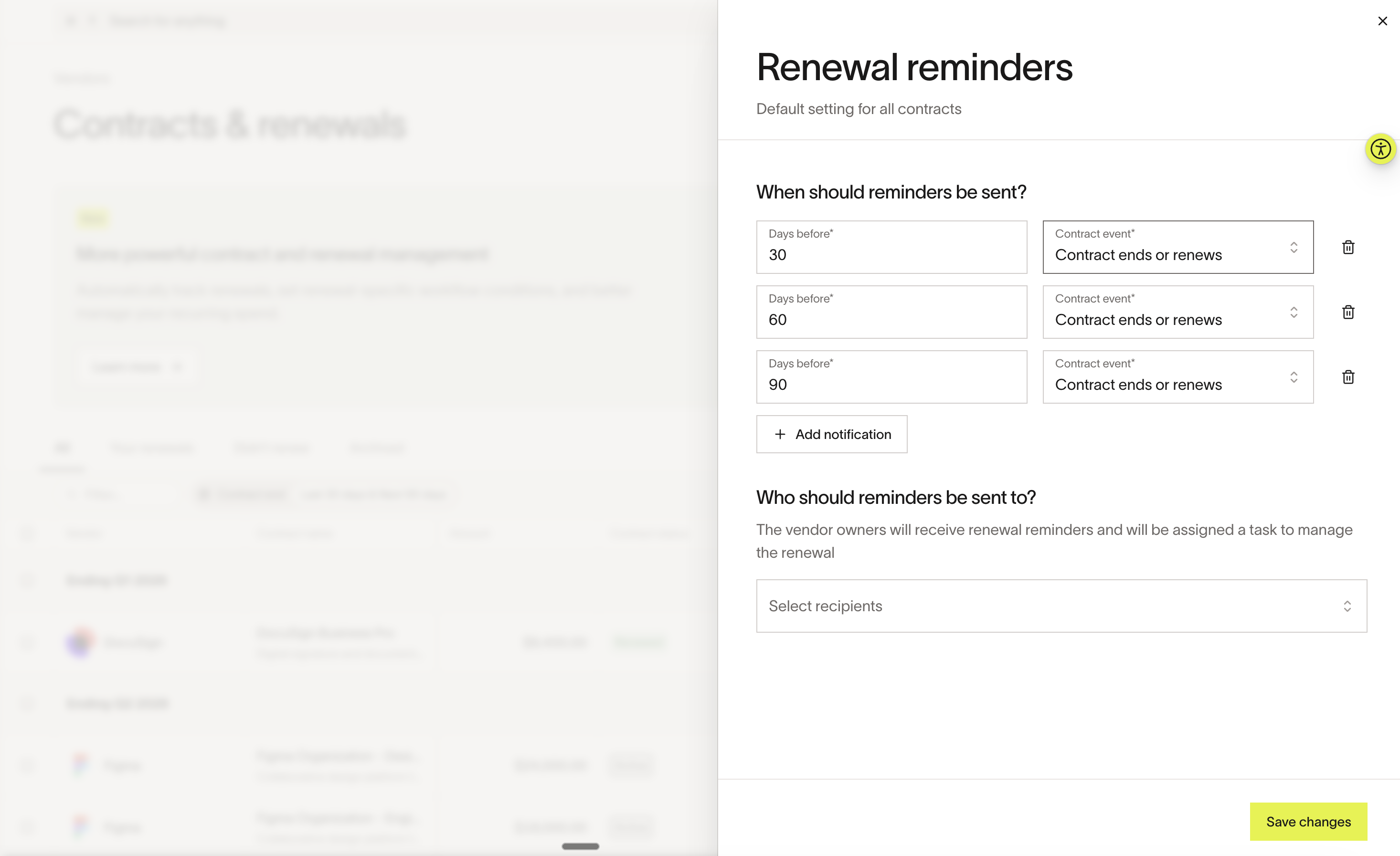 Renewal reminders settings dialog with notification timing and recipient configuration
