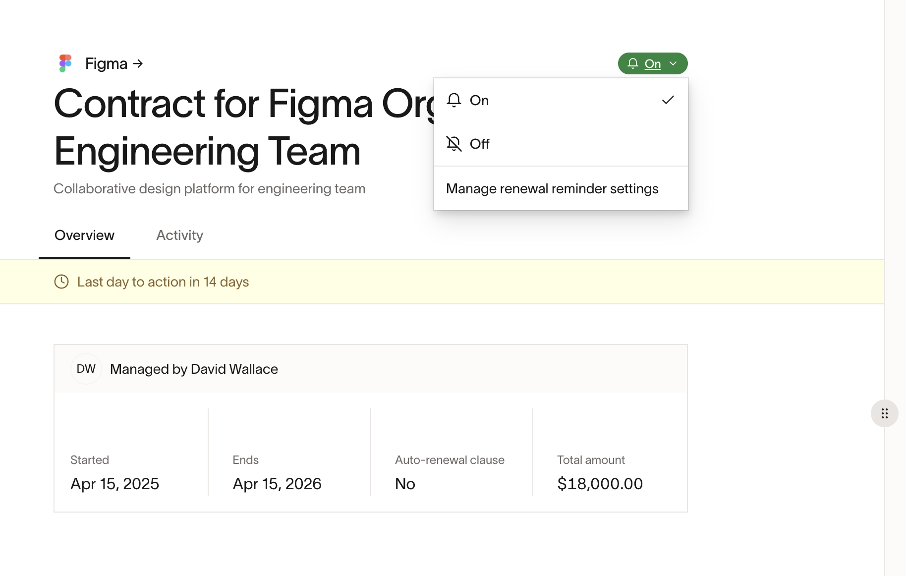 Contract notification bell dropdown with Manage renewal reminder settings option