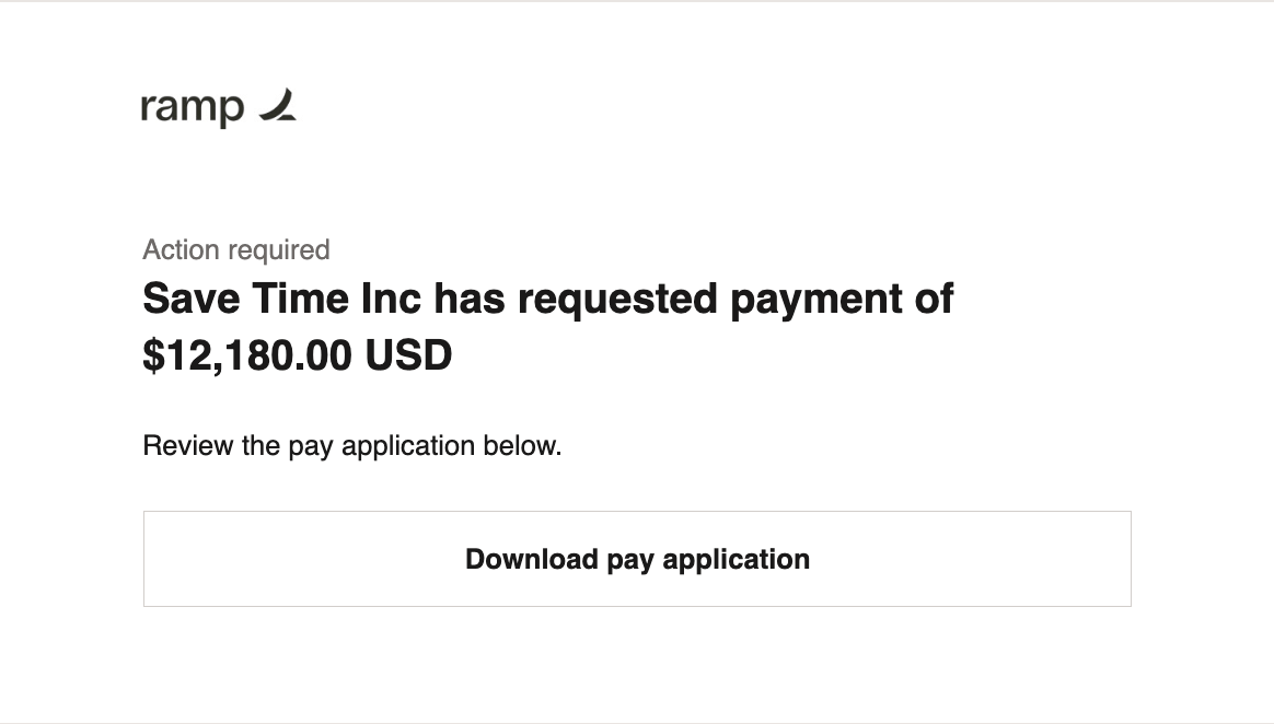 Pay application email showing Action required, a payment request from the business for the total amount, and a Download pay application button