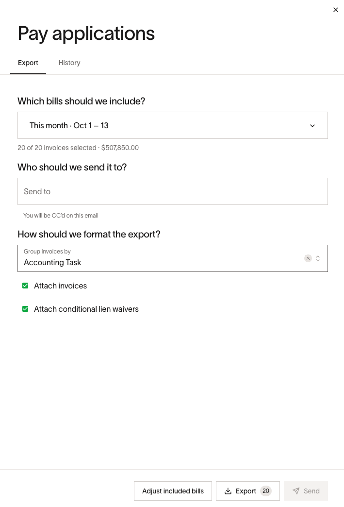 Export tab of the Pay applications drawer with This month selected, 20 of 20 invoices selected, invoices grouped by task, and both attachment options checked