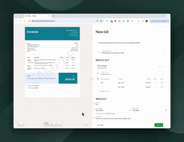 Draft bill showing invoice, email, and file attachments