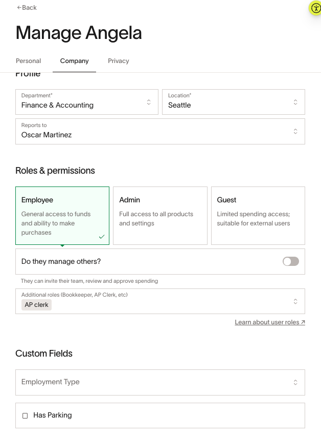 Manage Angela page showing user profile details, roles, permissions, and employment type with custom fields.