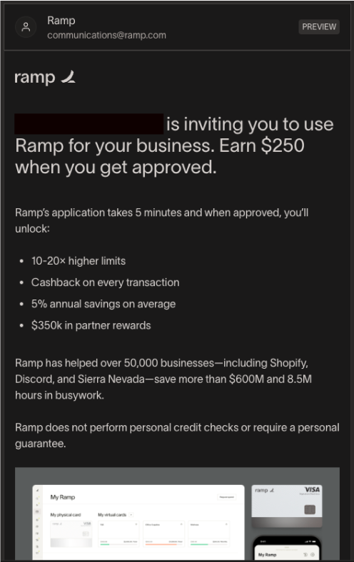 Email invitation from Ramp offering $250 for business referral and highlighting benefits of their application.