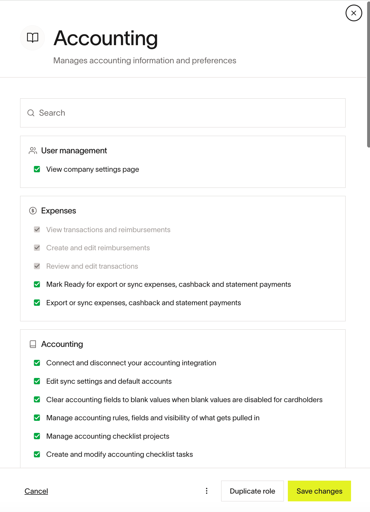 Accounting role permissions editing view showing customizable and implied permissions