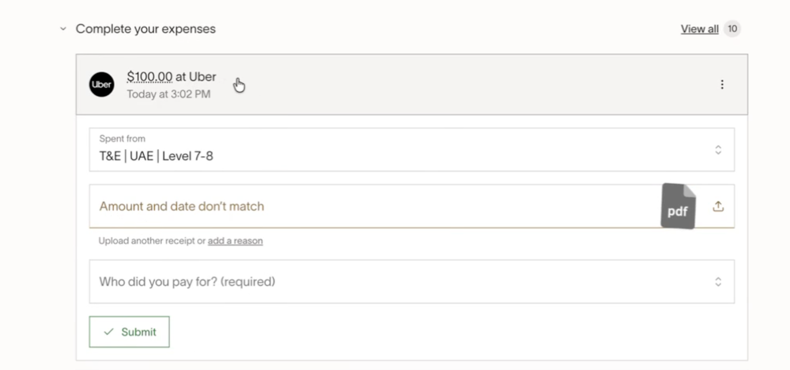 Complete your expenses page with a highlighted transaction marked incomplete due to a mismatch in amount and date.