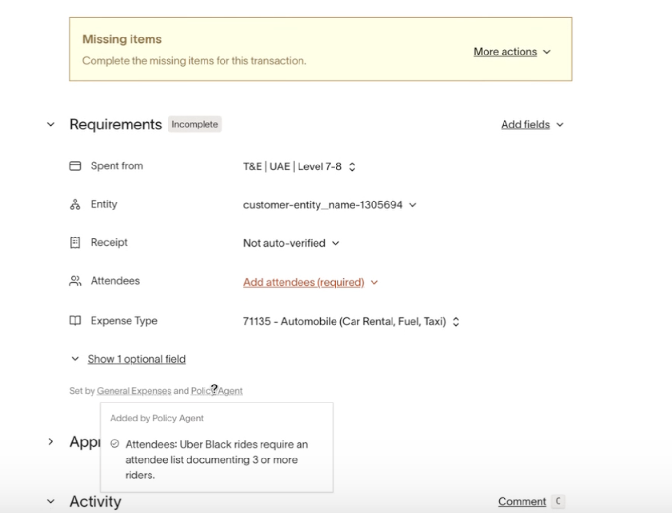 Transaction marked incomplete due to missing items; fields for requirements, attendees, and expense type visible.