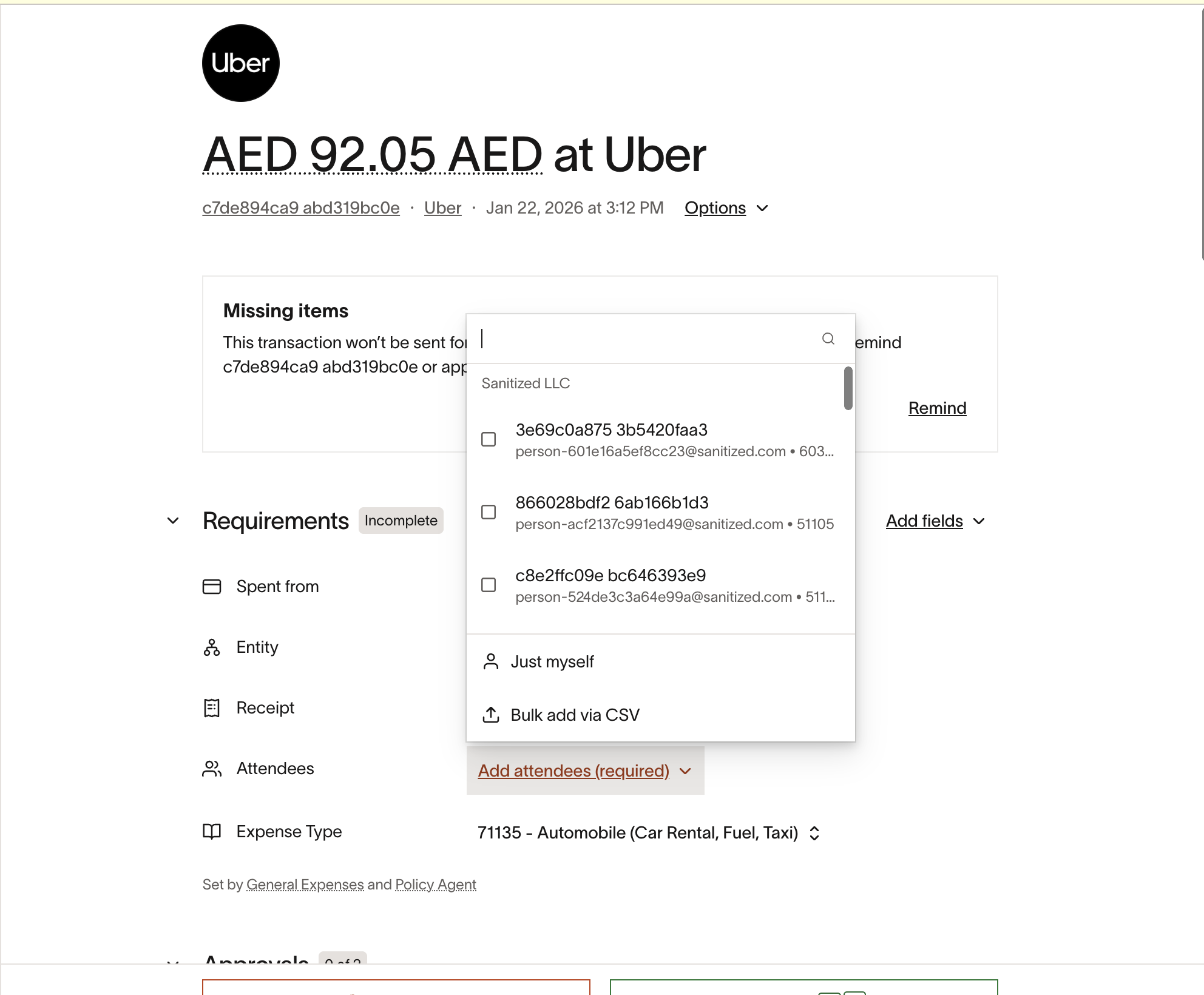Transaction details for an Uber expense showing missing items and participant selection options in the Requirements section.
