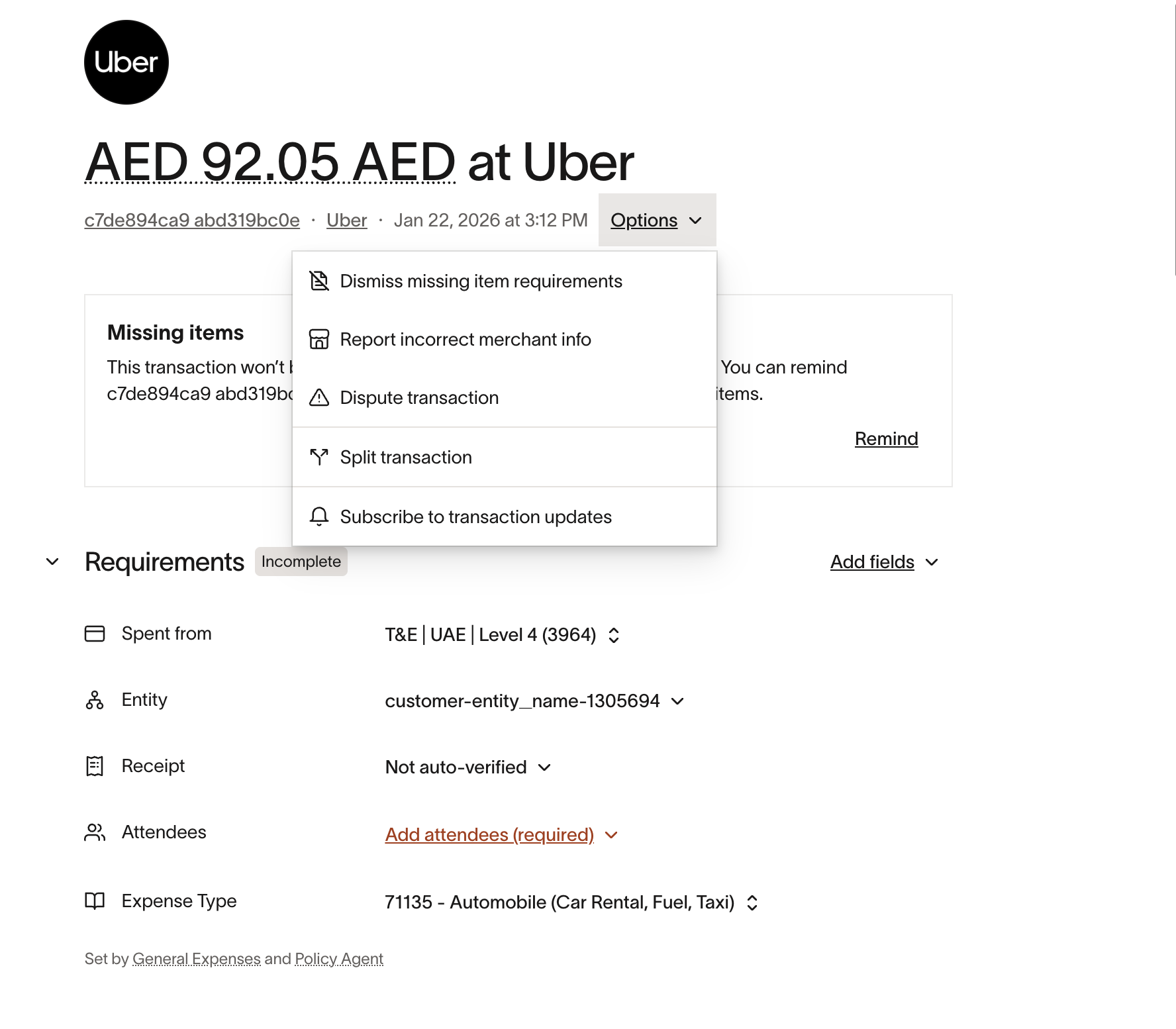 Uber receipt for a Business Comfort ride, showing an option to dismiss attendee requirements.