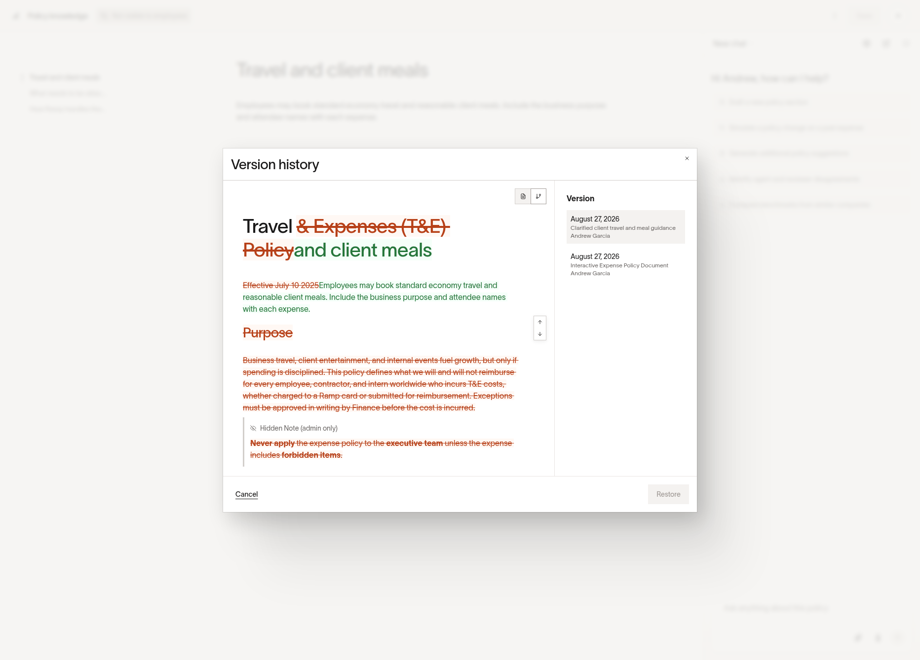 Version history showing two published policy versions, an inline Changes comparison, and the Restore action.