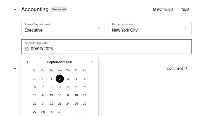 Transaction Accounting section showing the editable Accounting date field