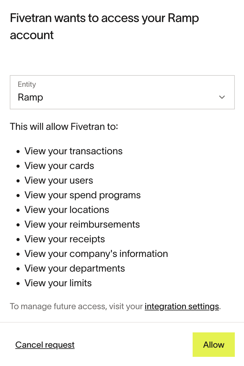 Fivetran permission request to access Ramp account, listing allowed data types like transactions and cards.