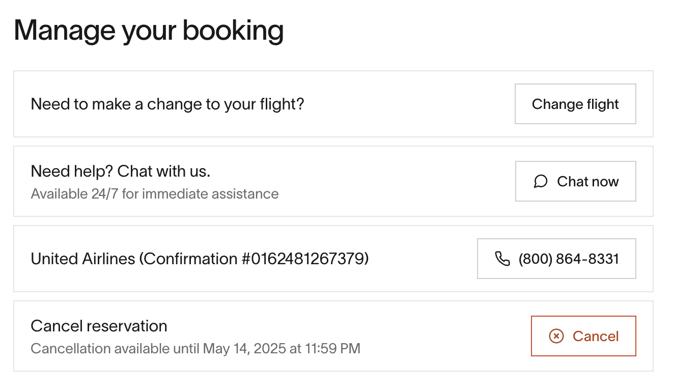 Manage booking section showing options to change flight, chat for help, view reservation details, and cancel reservation.