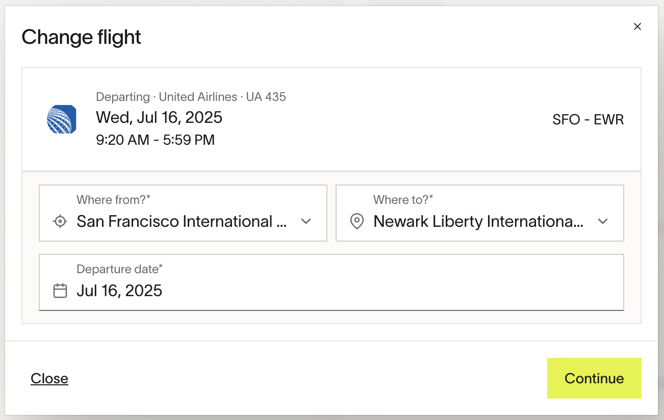 Change flight section with options to select origin, destination, and departure date. Continue button highlighted.