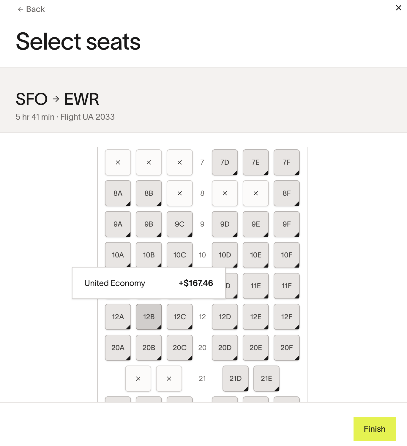 Select seats for United Airlines flight UA 2033, showing available seats and prices for United Economy.