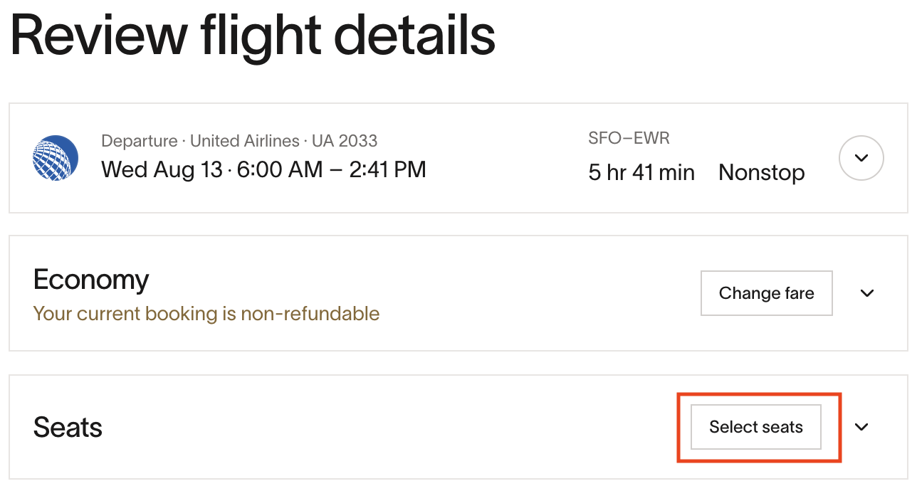 Review flight details with options to change fare and select seats for the United Airlines flight.