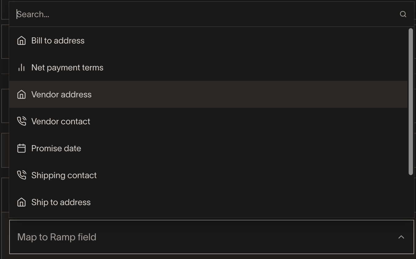 Search results displaying options for updating vendor information, including vendor address and contact details.