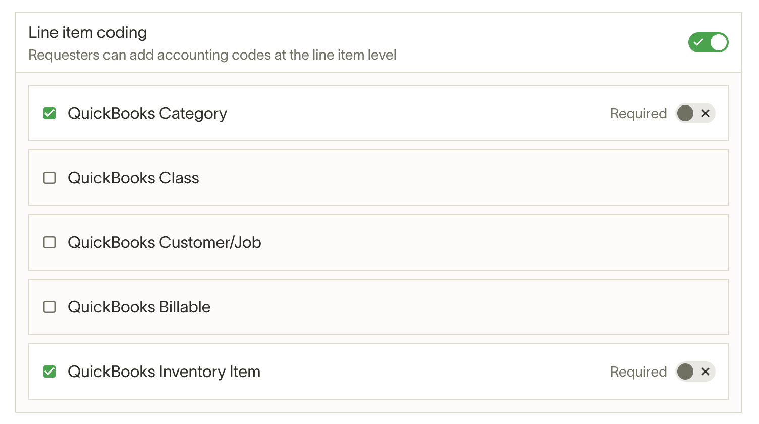 Line item coding settings with checkboxes for required QuickBooks categories, class, customer/job, billable, and inventory...