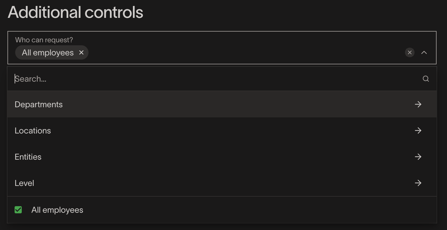 Additional controls section with a dropdown for selecting requesters and filters for departments, locations, entities, and...