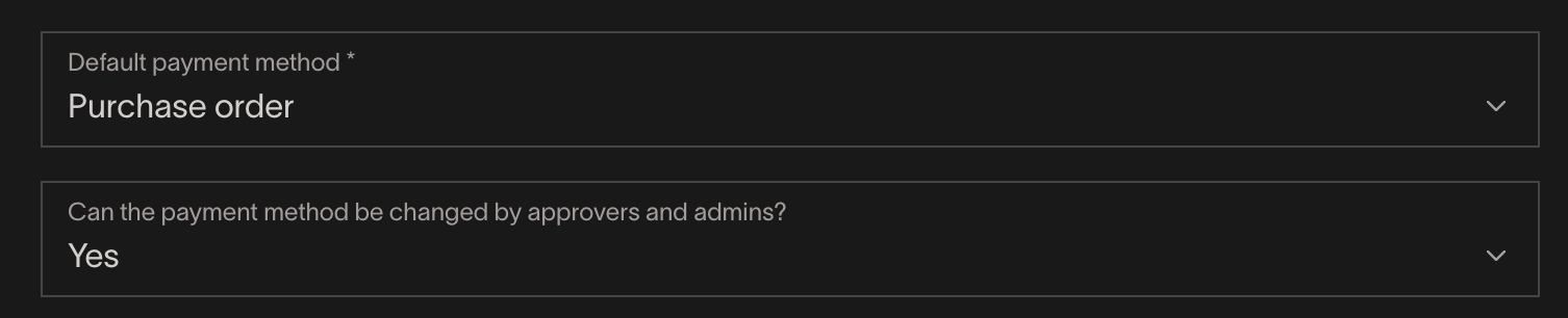 Default payment method selection and option to allow changes by approvers and admins.