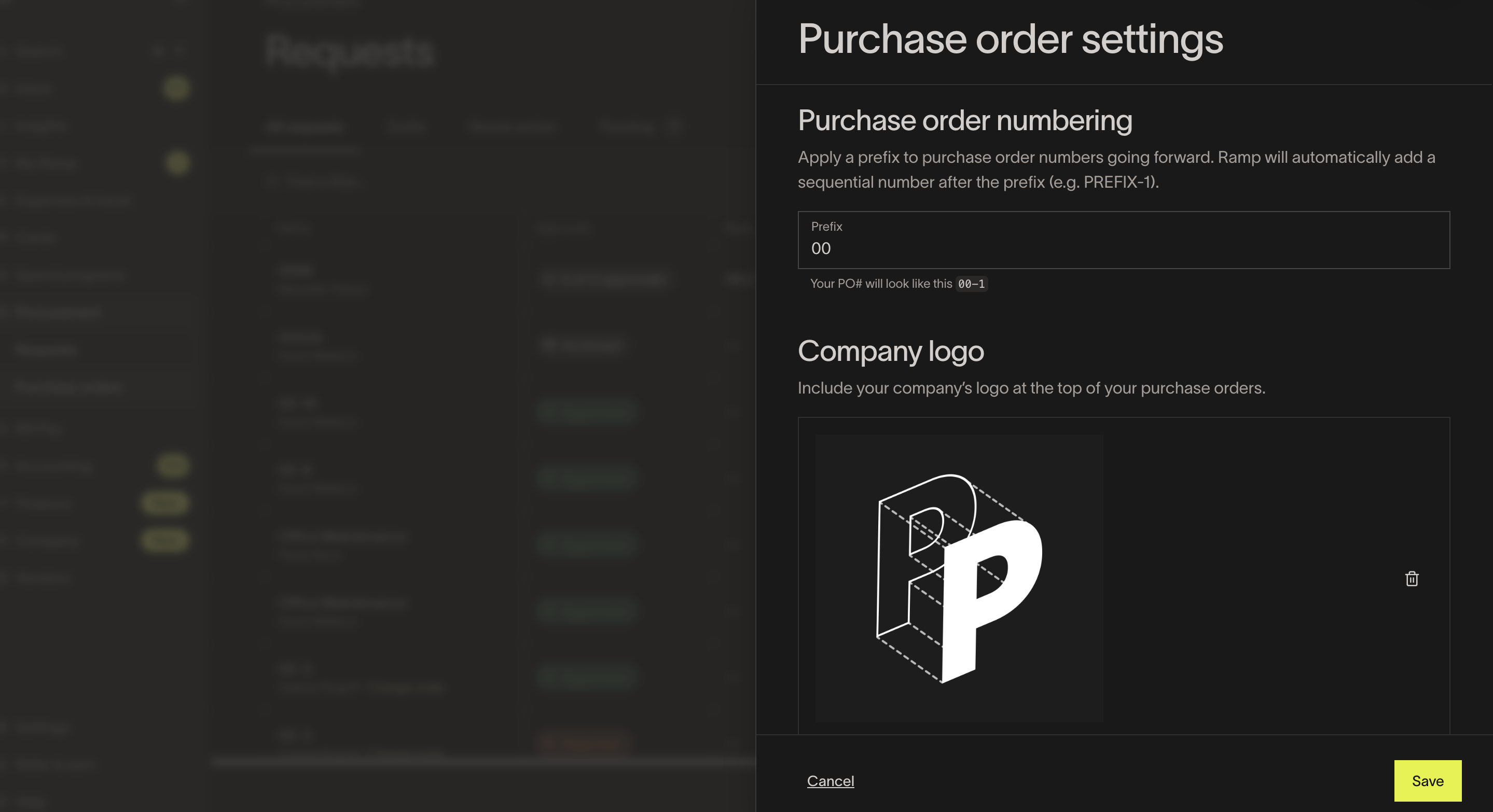 Purchase order settings page for customizing numbering and company logo, with a save button at the bottom.