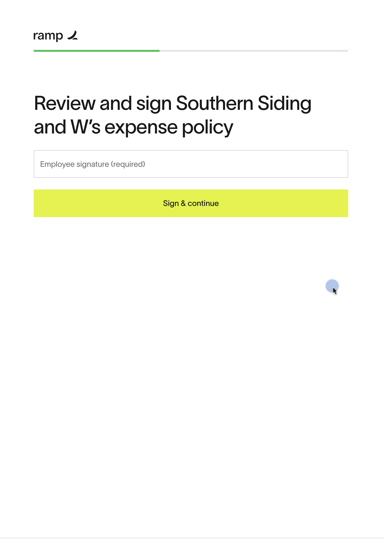Review and sign Southern Siding and W's expense policy, with an input field for employee signature and a