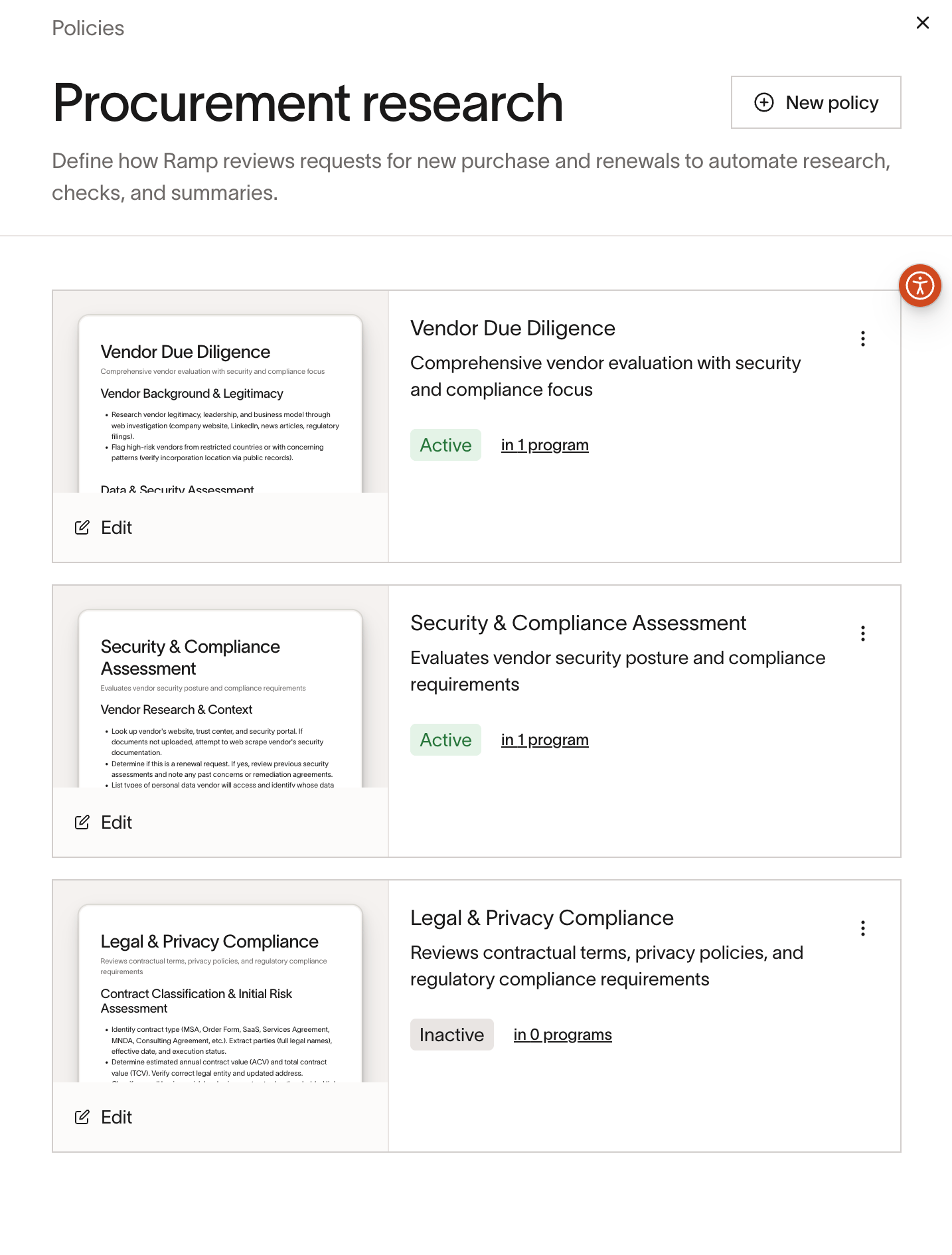 Procurement research page showing policy cards for Vendor Due Diligence, Security and Compliance Assessment, and Legal and Privacy Compliance with Active and Inactive status indicators and program counts