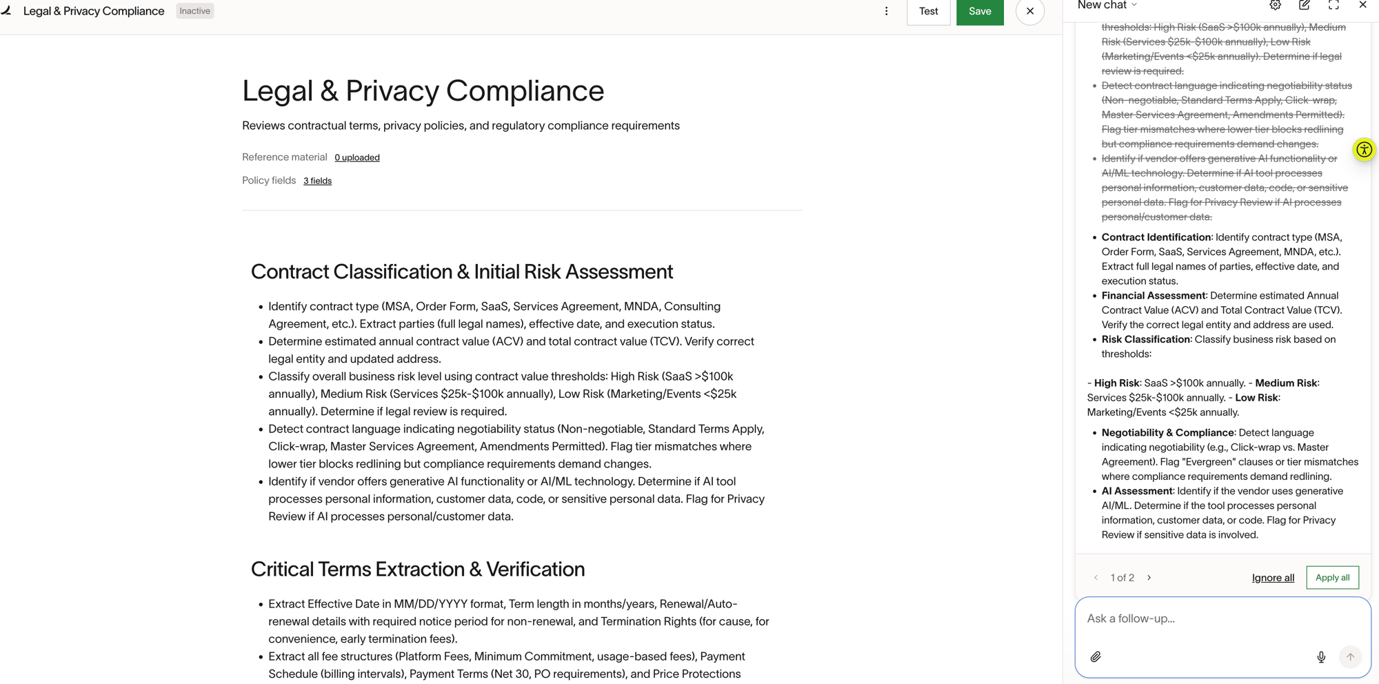 Legal and Privacy Compliance policy editor with Ask Ramp panel showing suggested changes with Apply all button and Policy fields showing 3 fields