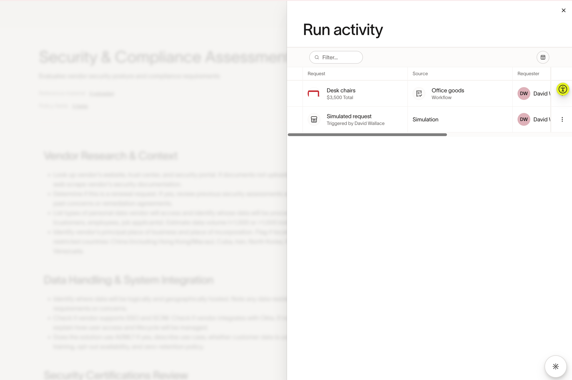 Run activity panel showing request list with workflow and simulation entries with progress indicators