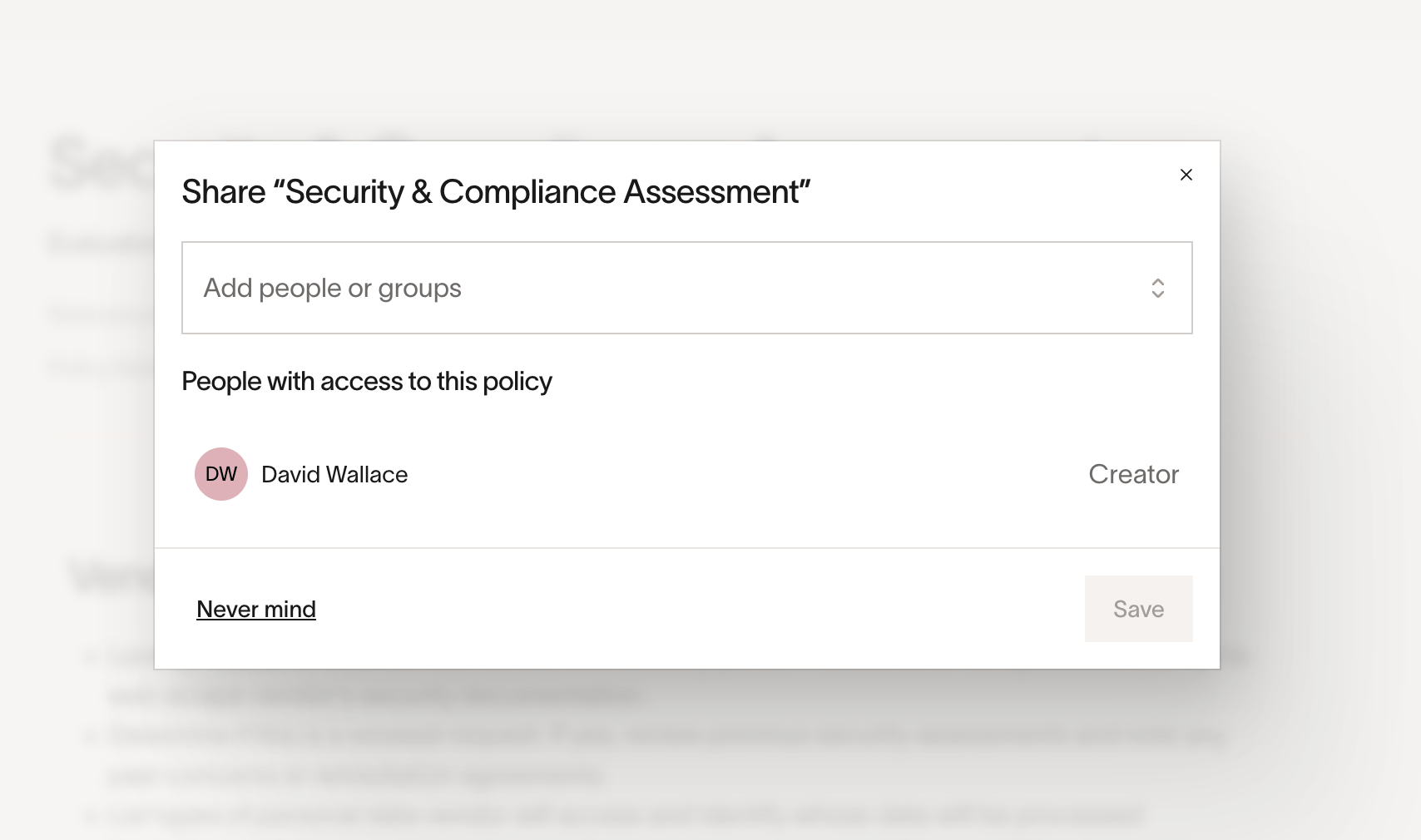 Share dialog for Security and Compliance Assessment with Add people or groups field and People with access to this policy list showing creator